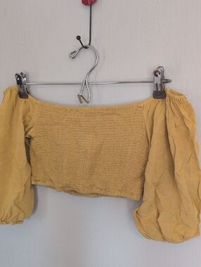 Peach Love Mustard Yellow Smocked Off-Shoulder Puff Sleeve Crop Top Sz Medium
